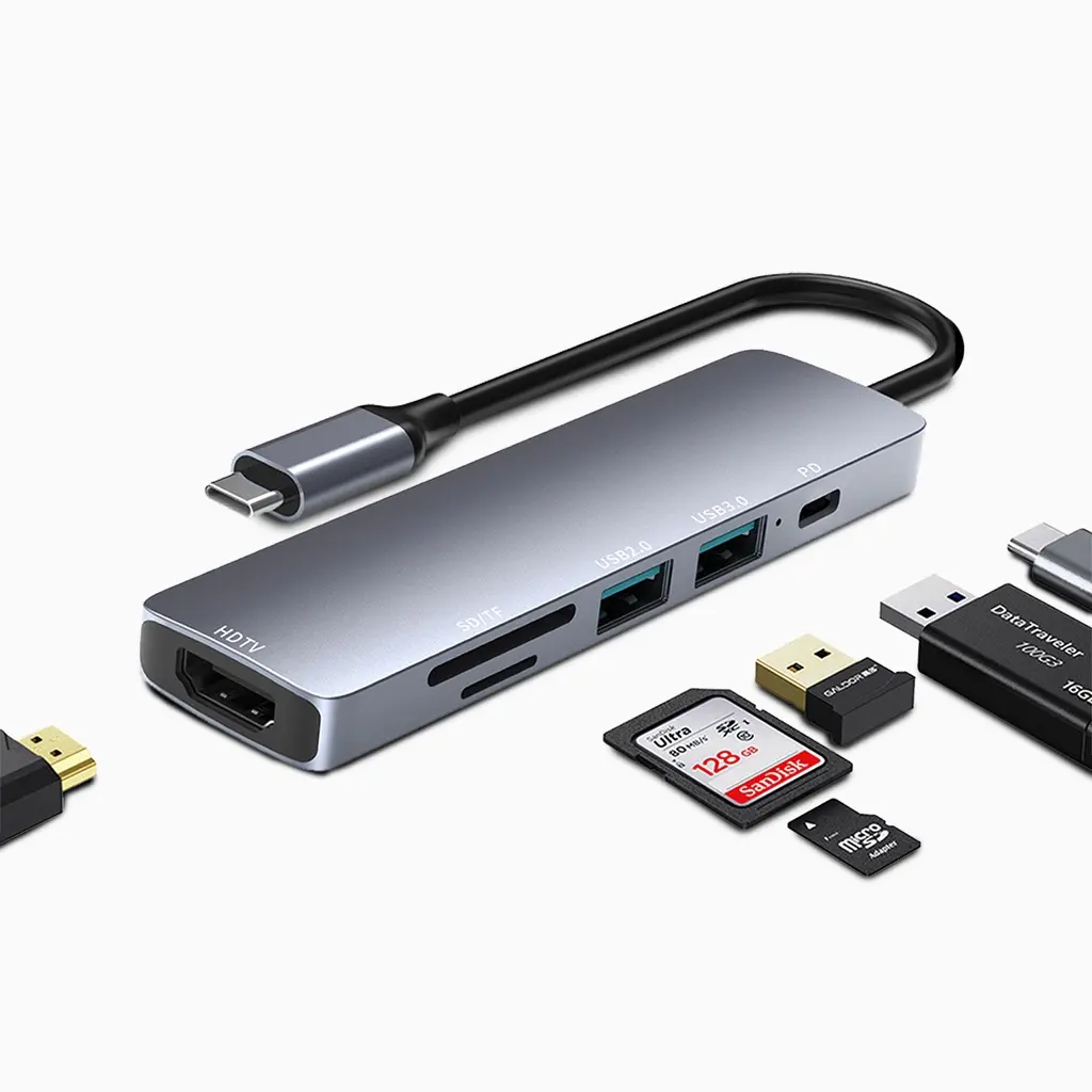 Hub USB C 6 en 1 avec interface PD/USB et vidéo