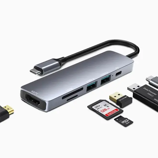 6-in-1 USB-C Hub with PD/USB and Video Interface.